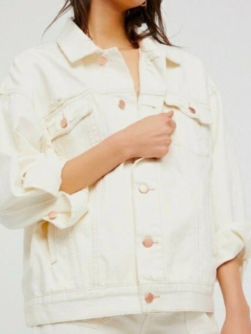 NWT...Free People Soft White Distressed Cotton Denim Oversized Jacket Size M/L